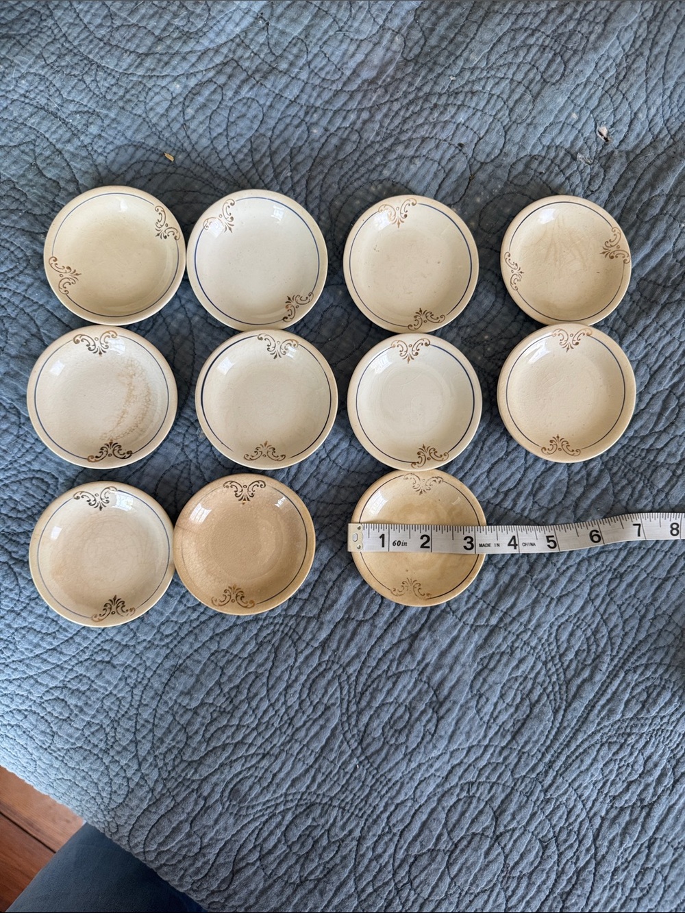 Vintage Cream Ceramic Butter Pats with Gold Scroll Detail - Set of 11